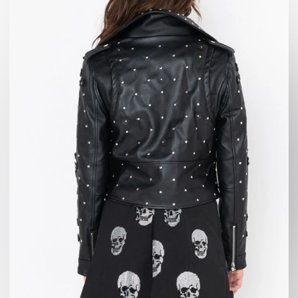 NWOT AZALEA WANG ANWAR BLACK FLOWER MOTO STUDDED JACKET SIZE S - Picture 3 of 16